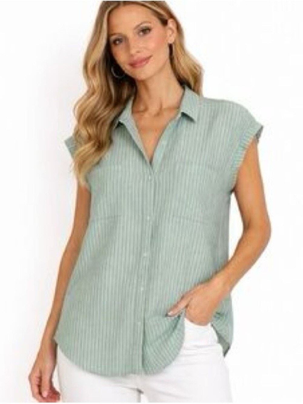 Jach's Girlfriend NY Sage Green Pin Striped Button Down Short Sleeve Size M